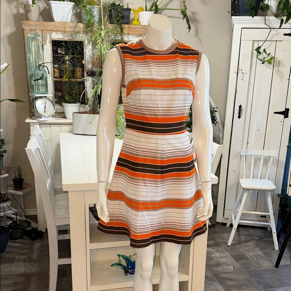 Vintage 1970s Striped Sleeveless 100% polyester Dress - Orange, Brown, White
